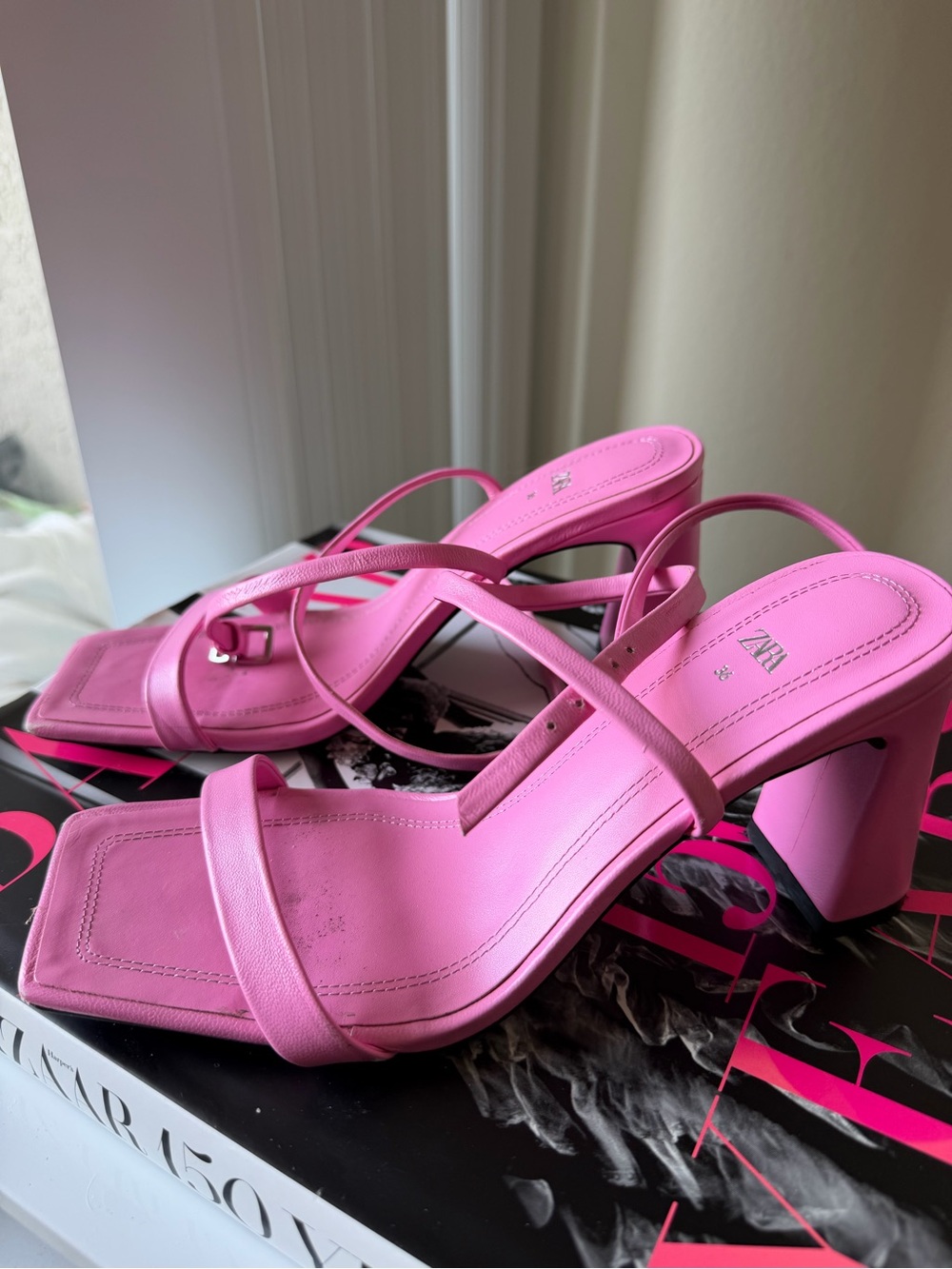 Zara Bright Pink Square-Toe Strappy Block Heels